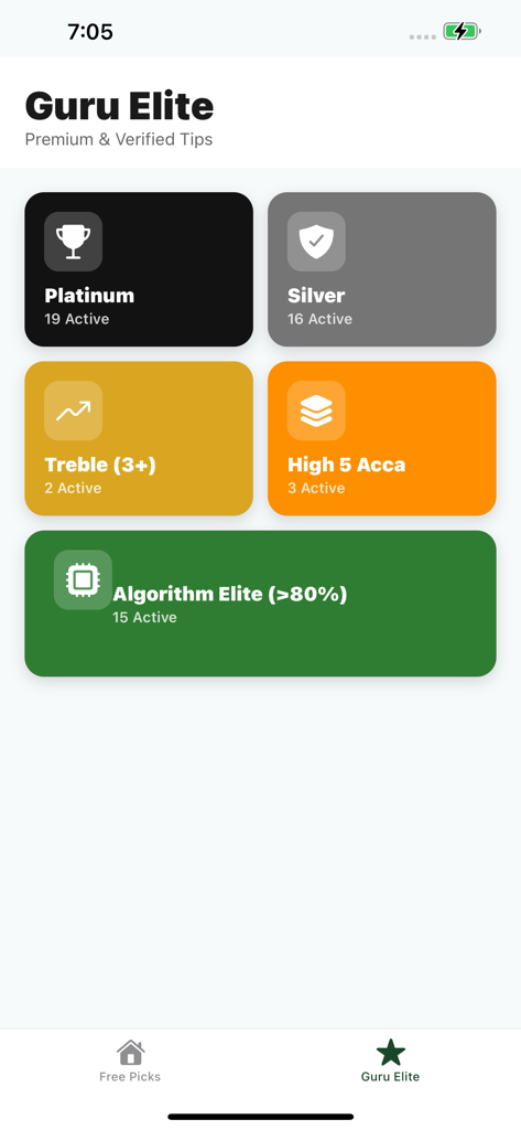 BetGuru: Football Betting Tips - Pantalla Guru Elite de la aplicación BetGuru que muestra categorías de consejos de apuestas de fútbol premium, incluyendo Tréboles de Platino Plata y Selecciones de Algoritmos de Élite