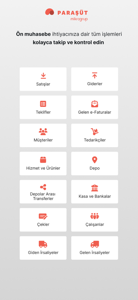 Parasutのモバイルアプリインターフェース。売上、経費、請求書などの会計機能のアイコングリッドが表示されています。