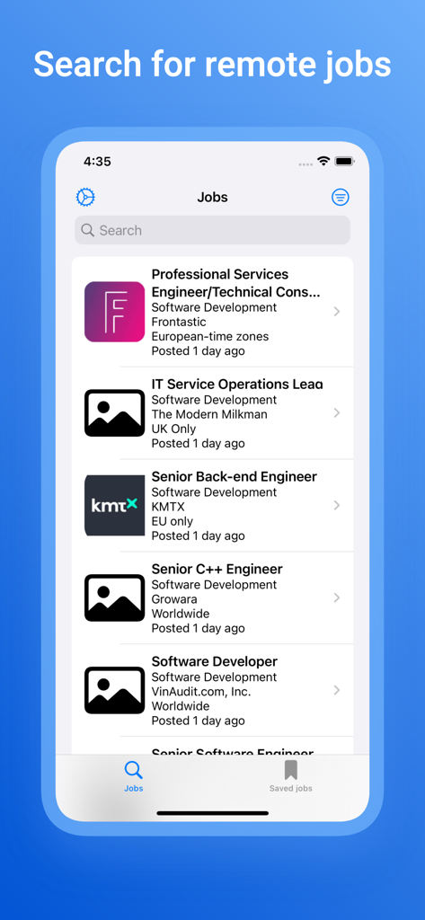 Schermata dell'app Remoti che mostra vari annunci di lavoro da remoto per sviluppatori di software con filtri di località
