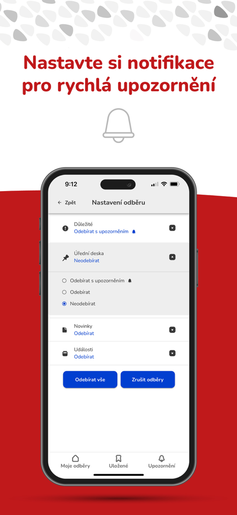 Města a obce - Subscription settings screen for local city and town alerts in the Města a obce mobile app.