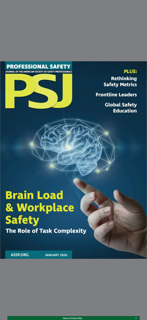 January 2026 cover of the Professional Safety Journal featuring Brain Load and Workplace Safety