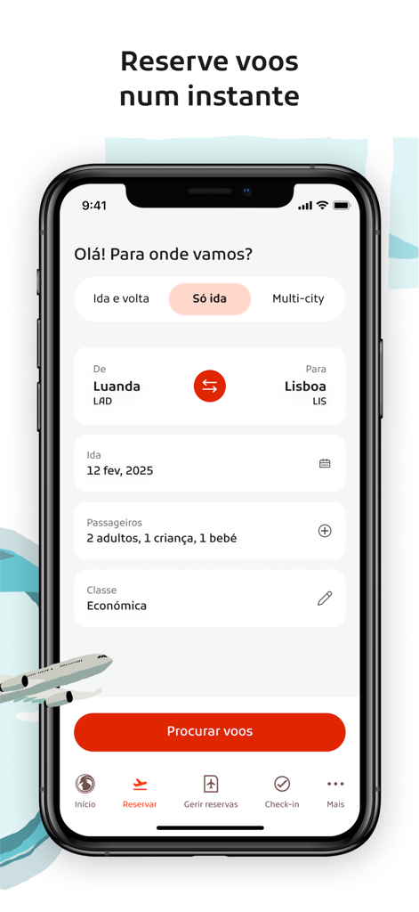 FLYTAAG mobile app interface showing flight search from Luanda to Lisbon