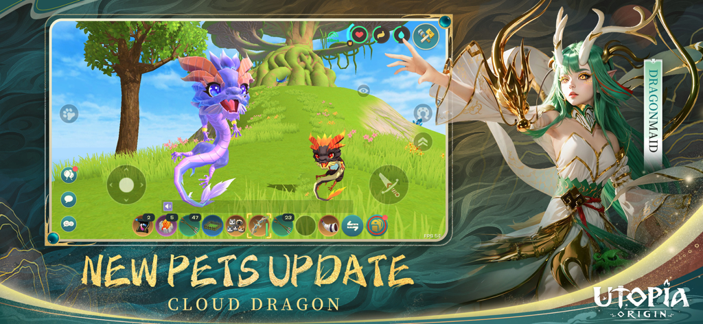 Utopia: Origin - Banner do jogo Utopia Origin promovendo a Nova Atualização de Pets com Dragões Nuvens e uma ilustração de personagem de Maid de Dragão.