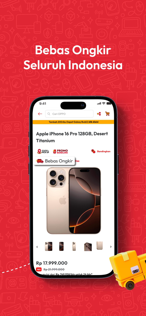 Erafone mobile app displaying a product page for the Apple iPhone 16 Pro with a free shipping offer in Indonesia.