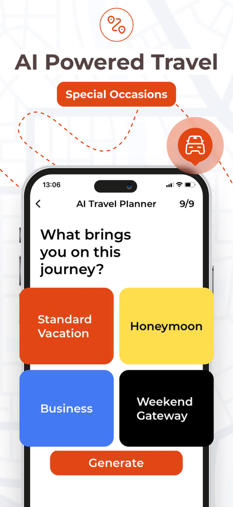 Une capture d'écran de l'application Planificateur de Voyage IA montrant des options de type de voyage comme Vacances Standard, Lune de Miel, Affaires et Escapade Week-end.