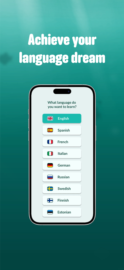 WordDive: Learn a new language - WordDive app language selection screen featuring options for English Spanish French and more