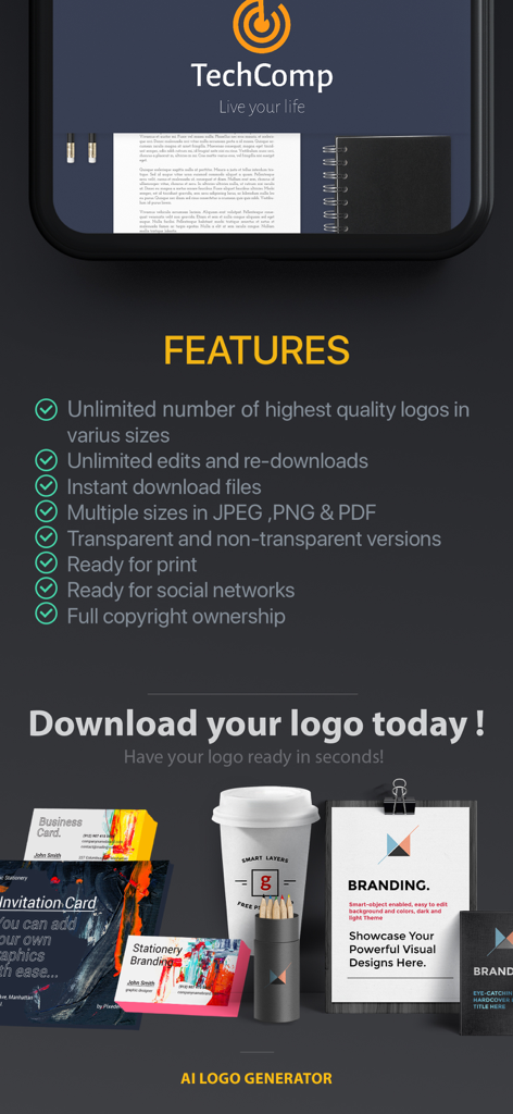 AI Logo Generator-Design Maker - AIロゴジェネレーターアプリの機能リストと名刺や文房具のプロフェッショナルなブランディングモックアップ