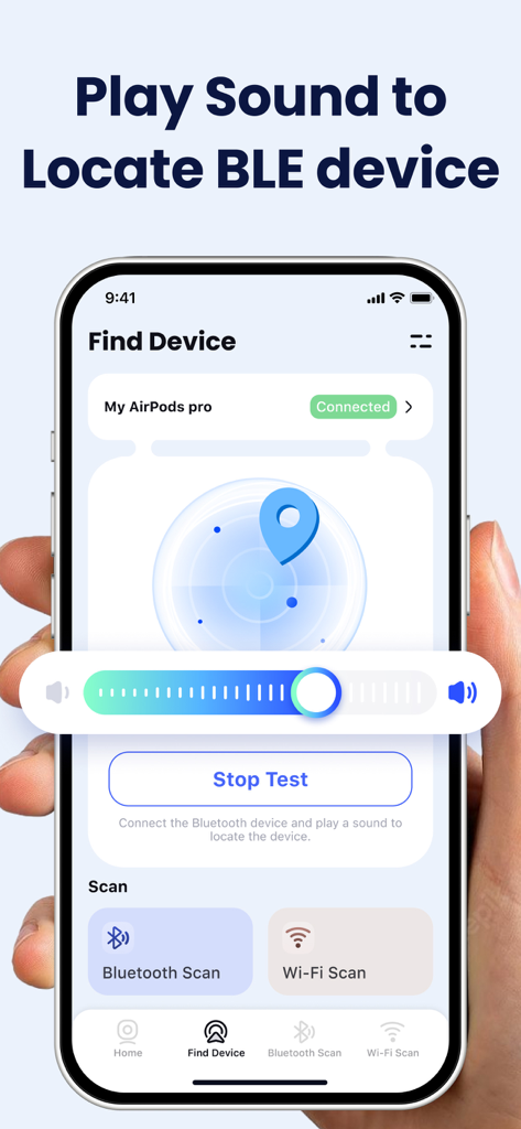 iPhone screen displaying the Find Device feature to play a sound and locate connected AirPods
