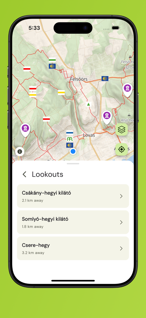 Mobile app screen showing a hiking map of Hungary with markers and a list of lookout locations