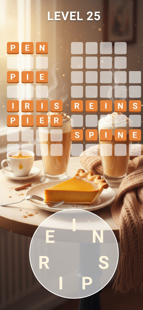 Word Trip - Word Puzzles Games - Word Trip gameplay screen showing a word puzzle over a cozy background with lattes and a slice of pie