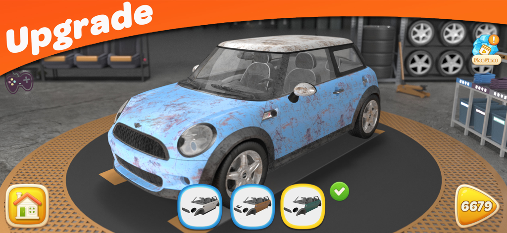 A blue classic car being upgraded in a garage