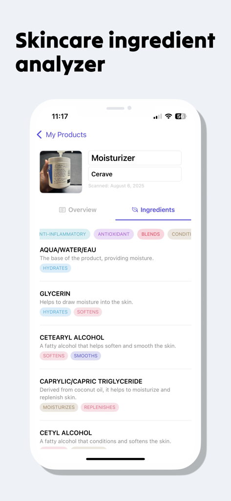 Skincare Scan - Sana - 사나 앱 인터페이스가 간단한 설명과 기능 태그가 있는 분석된 스킨케어 성분 목록을 보여줍니다.