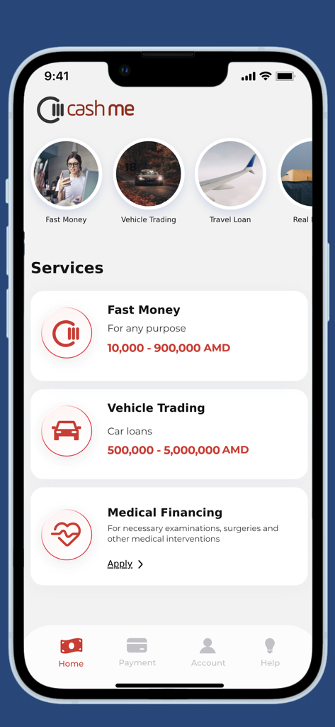 CashMe GC - CashMe GC mobile application interface showing various loan services and credit options in Armenian Dram.