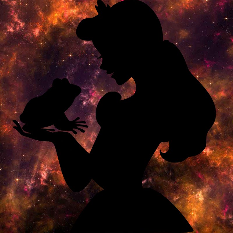 a shadow of a princess holding a frog realistic