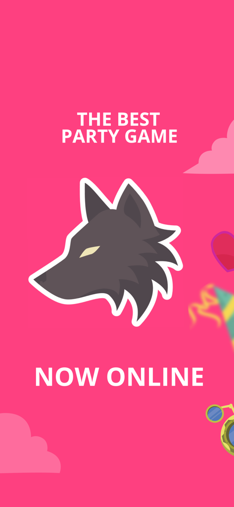 Wolvesville social deduction party game promotional screen with a wolf icon