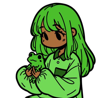 girl with long hair and a oversized shirt. and she is holding a frog