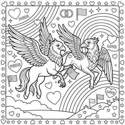 Let your imagination take flight with this delightful coloring page featuring two magnificent hippogriffs celebrating Pride Month. Young artists will love bringing these magical creatures and their vibrant surroundings to life with their favorite colors.