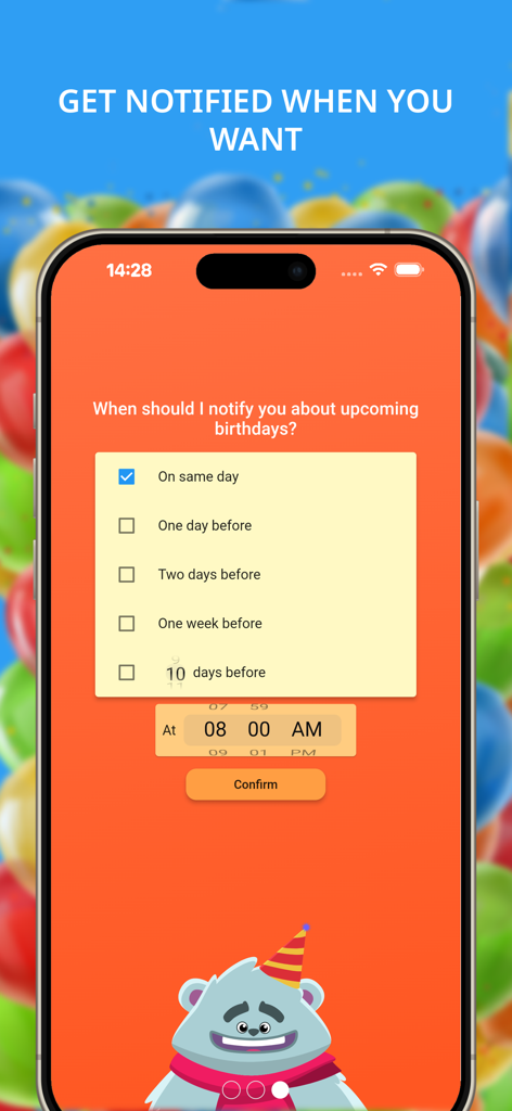 Birthday calendar and reminder - Interfaz de la aplicación de recordatorio de cumpleaños que muestra opciones de notificación personalizables para cumpleaños próximos, incluyendo alertas el mismo día y con antelación