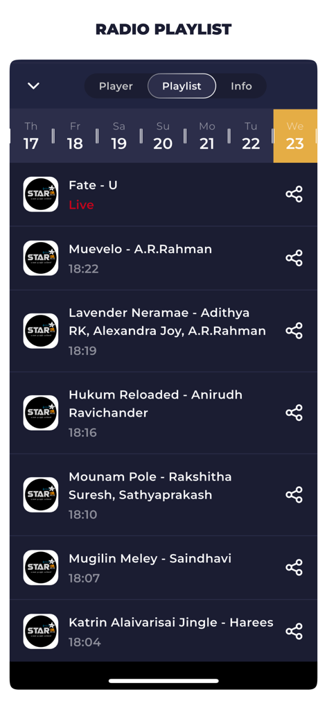 Radio Sri Lanka Live Online FM - Schermata della cronologia della playlist nell'app Radio Sri Lanka che mostra una cronologia dei brani riprodotti su una stazione