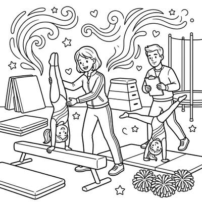 Get ready to tumble and flip with this awesome coloring page featuring gymnastics coaches guiding young athletes. It's the perfect activity for kids aged 4-8 to explore their creativity while celebrating the world of gymnastics.