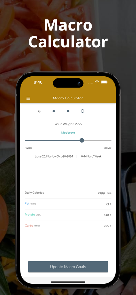 La pantalla de la calculadora de macros de la aplicación My Mediterranean Diet Tracker que muestra desgloses de calorías y nutrientes.