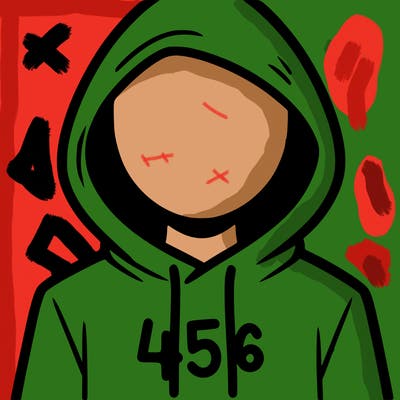 a person with non face waering a hoodie with a 456 symbol