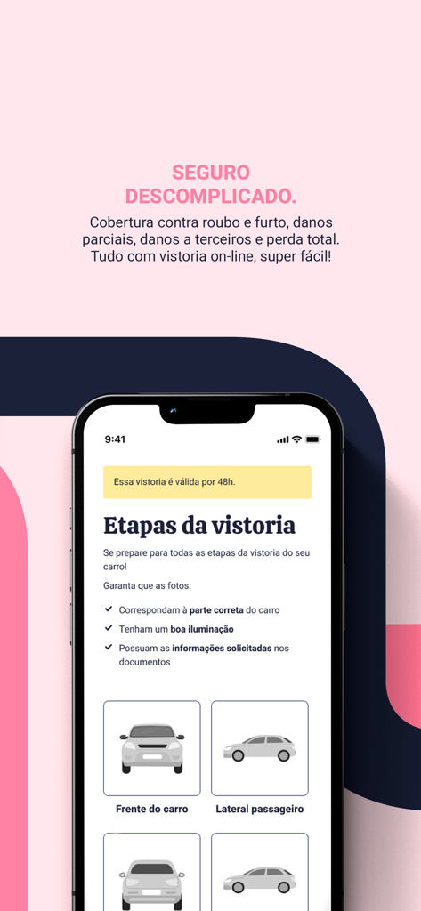 Pier. - Pier app interface showing car insurance inspection steps with vehicle photo guides.