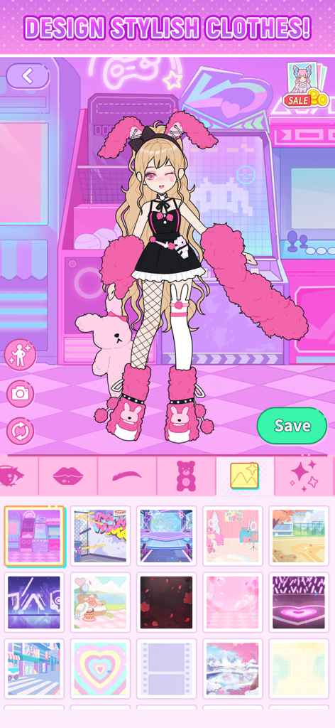 Sparkle Style: Dress up games - Pantalla de personalización de personajes en la aplicación Sparkle Style que muestra un avatar con un atuendo temático de conejito rosa y negro con opciones de fondo.