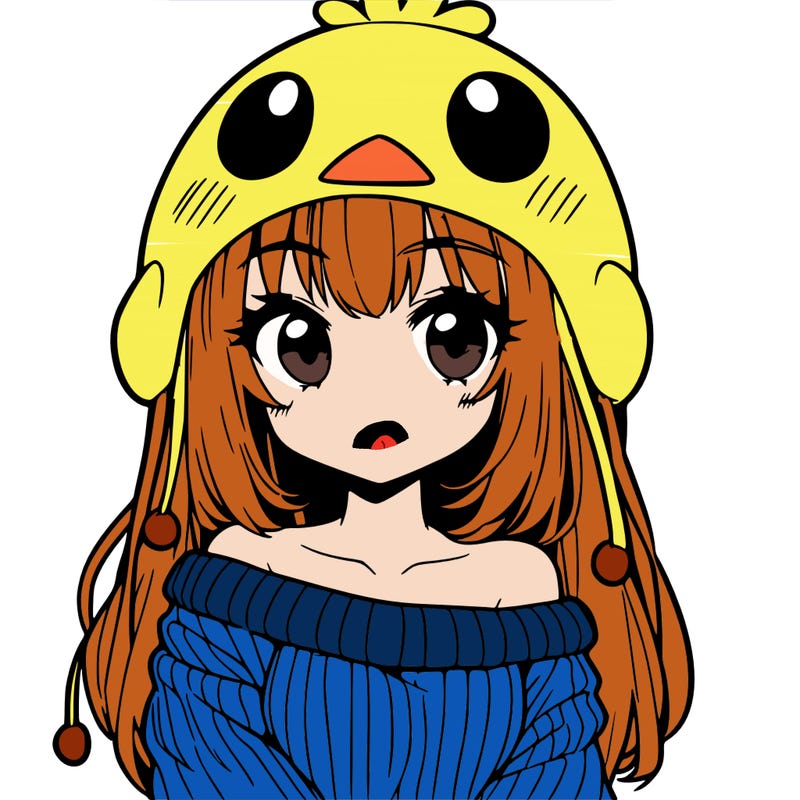 anime girl with chick shaped hat with sweater with bare shoulders with bangs covering them one eye with low tail