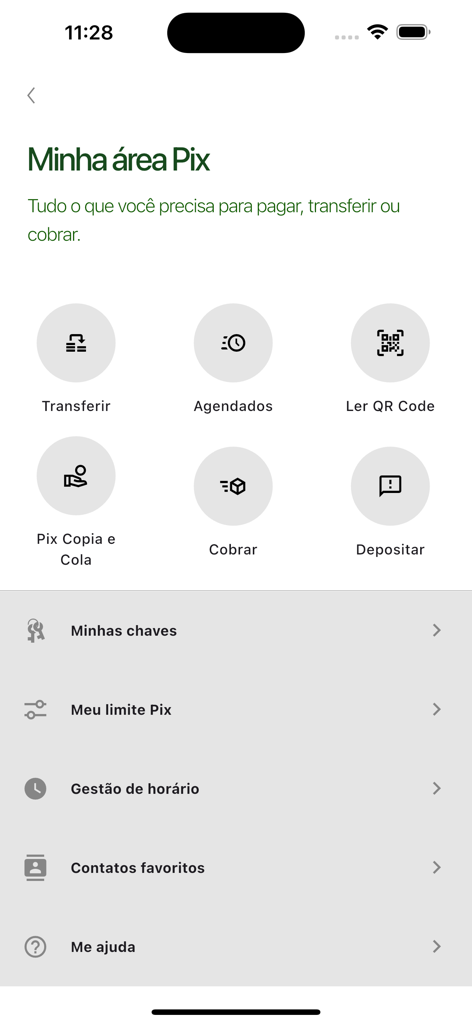 Dashboard of the OneBank app showing Pix instant transfer and payment options