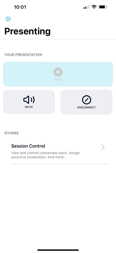 Interface of the Crestron AirMedia app showing active presentation controls like mute and disconnect