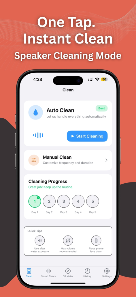 Speaker Cleaner ‒ Clear Wave - El panel principal de la aplicación Limpiador de Altavoces mostrando el modo de limpieza automática, opciones de limpieza manual y el progreso de la limpieza