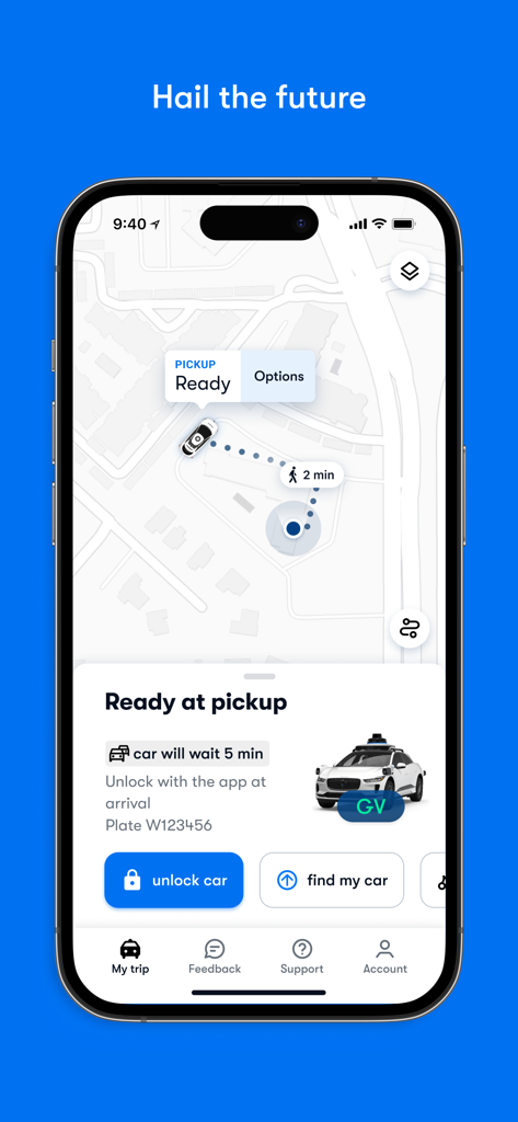 Waymo App-Oberfläche zeigt ein autonomes Fahrzeug, bereit zur Abholung, auf einer Karte mit einem Entriegelungsknopf