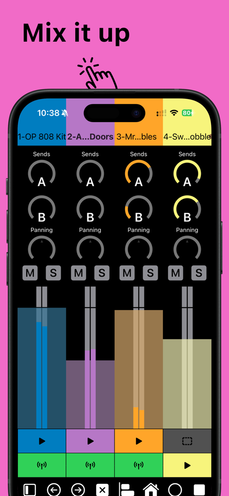 7III Tap: Live MIDI Controller - Mixer interface of 7III Tap MIDI controller app on an iPhone