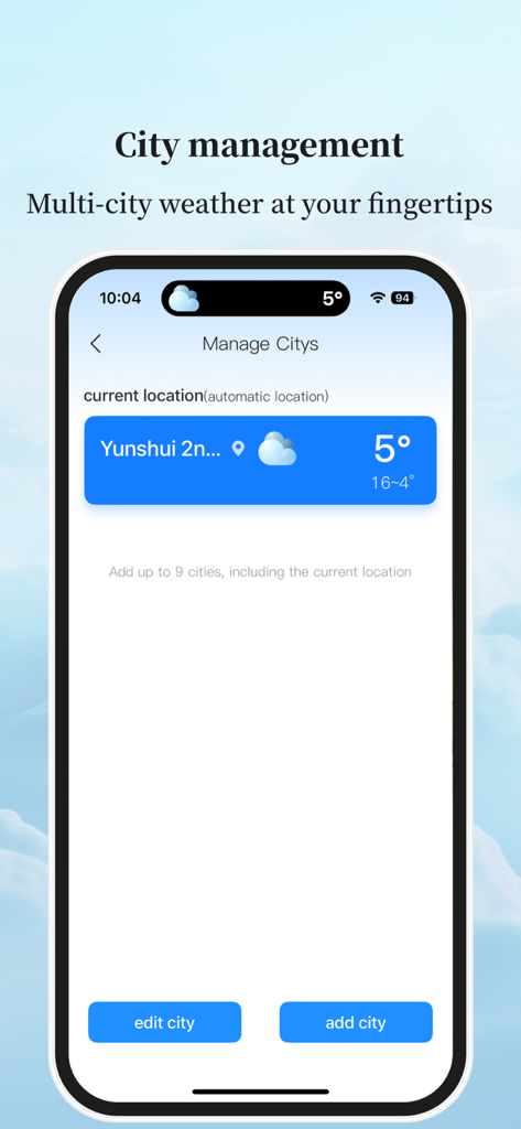 最美天气海外版 - A mobile app screenshot showing the city management interface for tracking multi-city weather with options to add and edit locations.