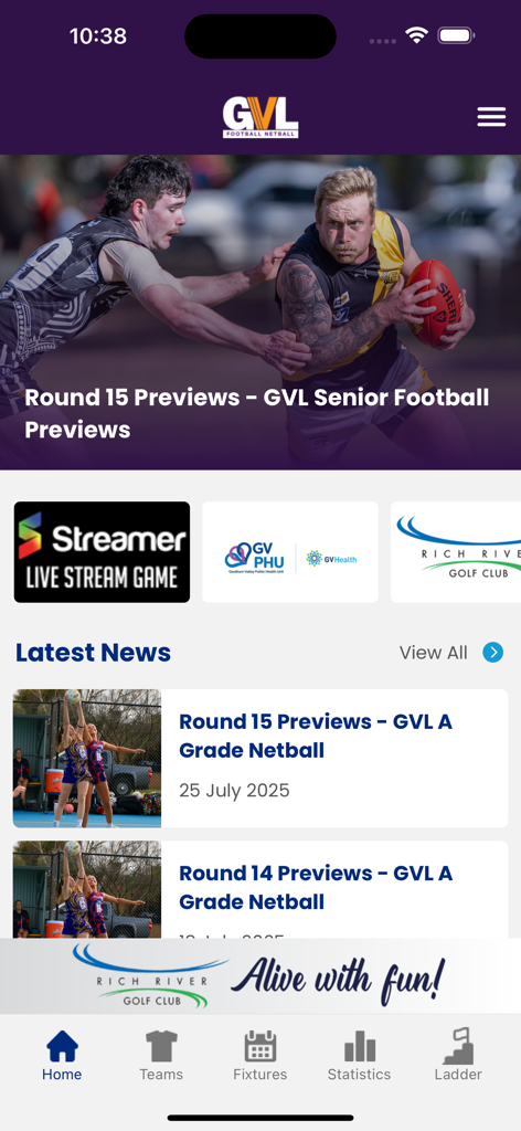 Goulburn Valley League - Goulburn Valley League app home screen featuring senior football and netball news with navigation menu