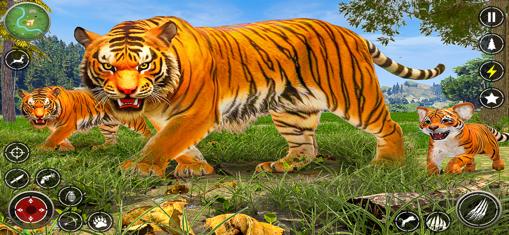 The Tiger Family Simulator 3D - A tiger family with a cub in a grassy field in a 3D simulation game.