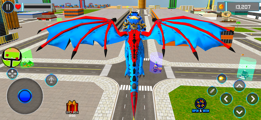 Robot Car Battle - Robot Games - A blue and red dragon robot flying over a 3D city in an open-world action game