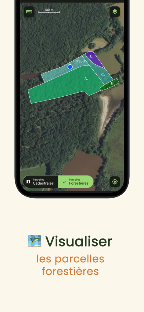 Satellitenansicht von Forstparzellen und Grundstücksgrenzen in der MaForet App