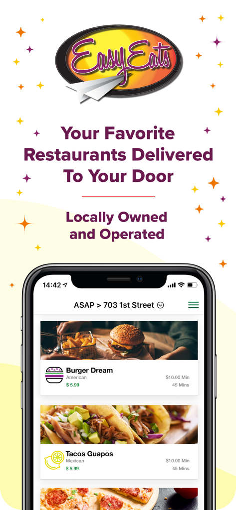 Easy Eats Delivery Service - Easy Eats food delivery app home screen displaying local restaurant listings for burgers and tacos.