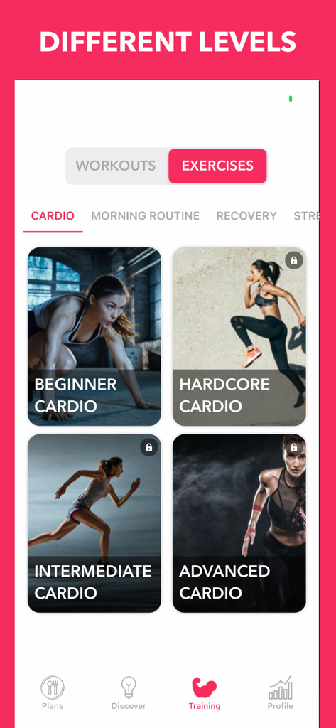 Easy Home Workout Women NO GYM - Easy Home Workout app screen showing beginner to advanced cardio levels for women