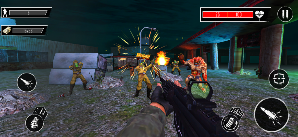 Zombie Graveyard Gun Shooting - First person shooter gameplay of a player using an assault rifle against a wave of zombies and a mutant boss in a graveyard at night