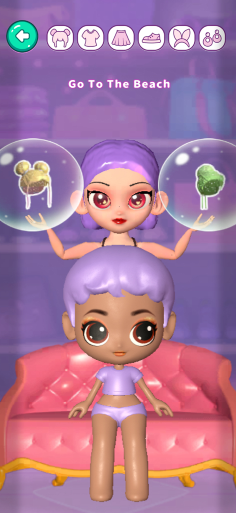 Doll Dress Up Salon - A digital doll dress-up interface showing a character on a pink sofa with options to choose beach-themed accessories and hairstyles.