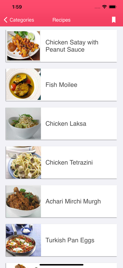 Healthy Food Recipes - Yummy - Screenshot der Healthy Food Recipes App, der eine Liste verschiedener Rezepte wie Hähnchen-Satay, Fisch-Moilee und Hähnchen-Laksa mit Fotos zeigt.