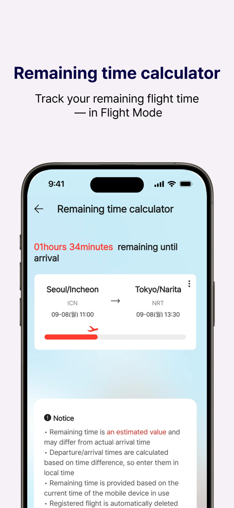 T’way Air - Écran de l'application mobile T'way Air affichant le temps de vol restant et le suivi de la progression d'un voyage de Séoul à Tokyo
