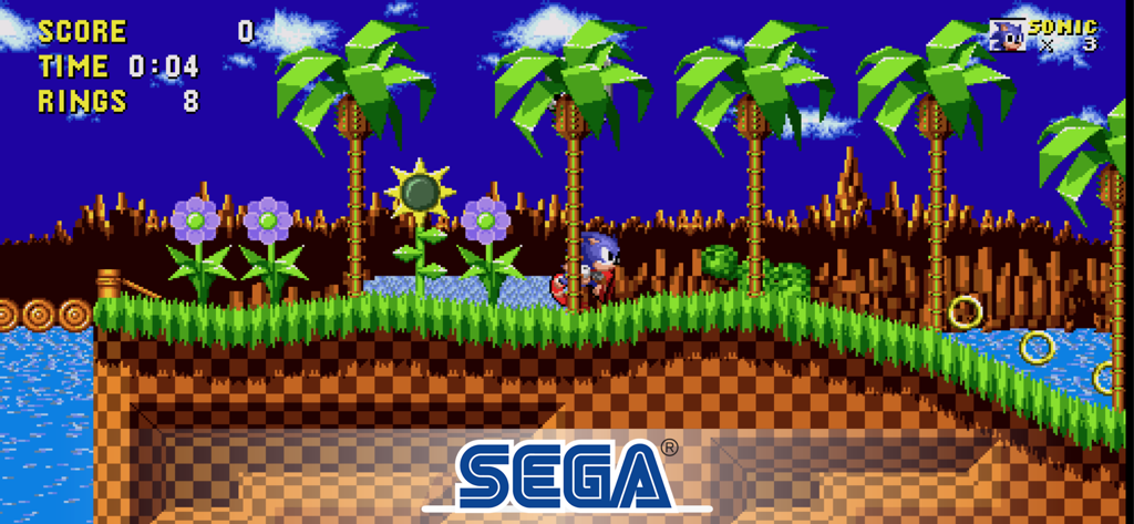 Sonic running through the iconic Green Hill Zone level in the classic Sega mobile game
