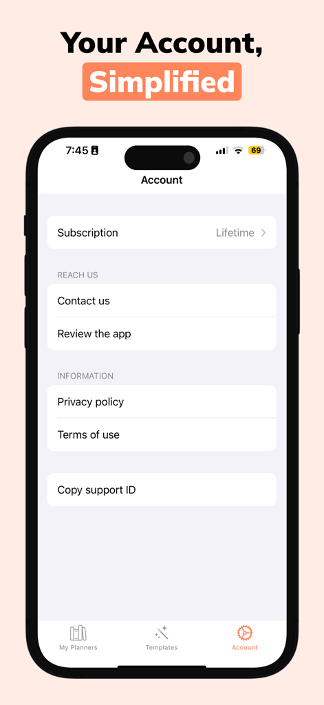 Daily Planners Organizer Todo - Pantalla de configuración de cuenta de la aplicación Daily Planners que muestra el estado de la suscripción y las opciones de contacto.