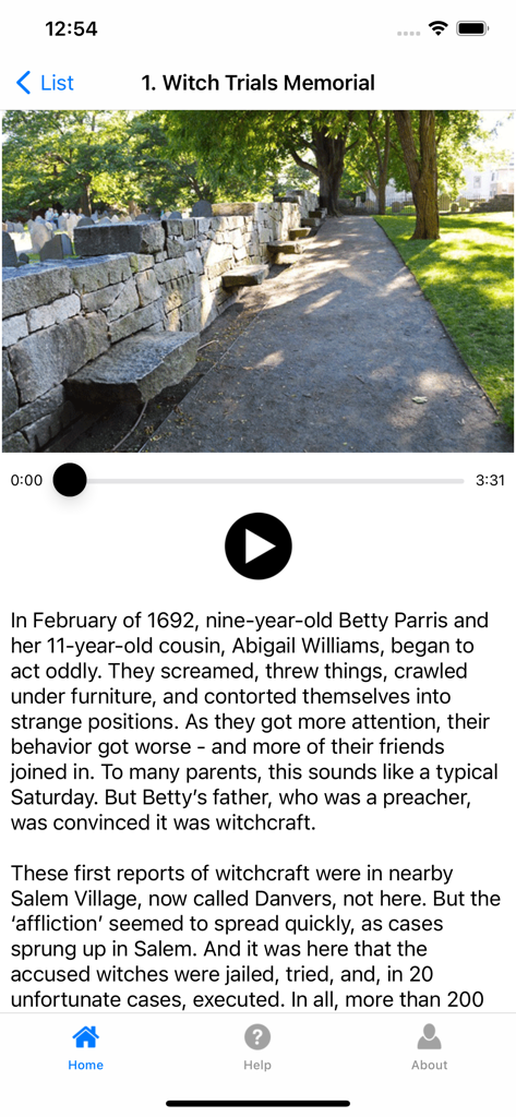 Salem Witches Tour - Salem Witch Trials Memorial site featuring audio narration and historical background text