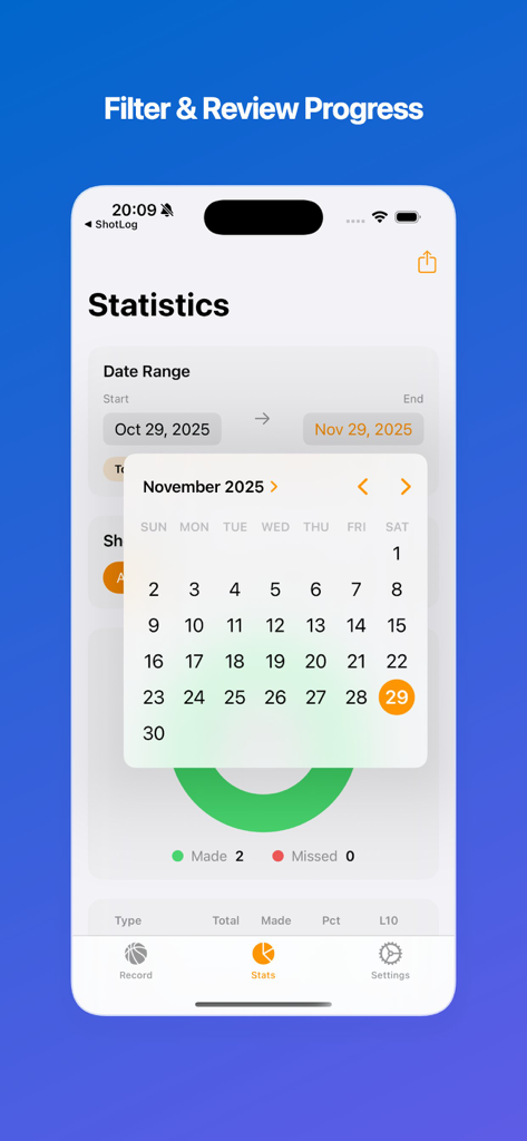 ShotLog-Shot Tracker - ShotLog basketball tracker statistics page showing a calendar date range selector for reviewing training progress.