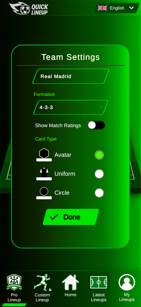 Quick Lineup team settings screen showing soccer formation selection and player card customization